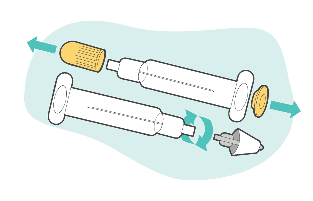 Remove the yellow caps from the plastic tube and screw white cone onto tube